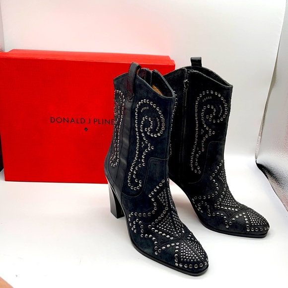 Donald J. Pliner Shoes - Donald J Pliner Olivia Western Cowboy High Heel Studded Boots Blk Suede SZ 8.5